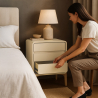 Buy Modern Scandi nightstand covered in faux leather with 3 drawers and natural wood legs - Barel Cream 61827 - prices