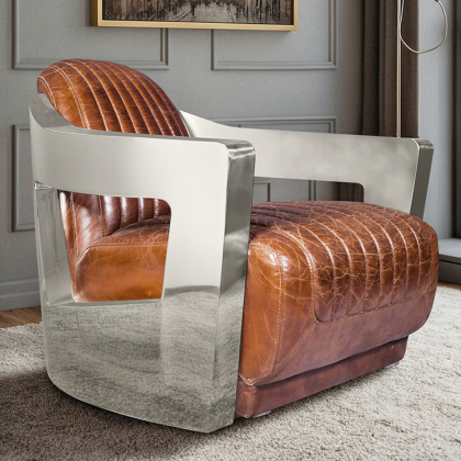 Buy Design Armchair Churchill Lounge - Premium Leather & Steel Steel 48374 with a guarantee 