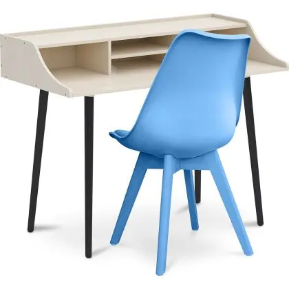Buy Office Desk Table Wooden Design Scandinavian Style Eldrid + Premium Brielle Scandinavian Design chair with cushion Light blue 60116 at MyFaktory 