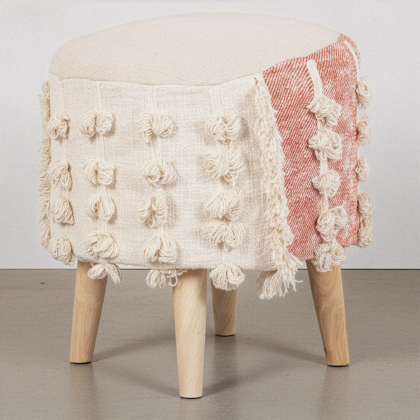 Buy Pouffe Stool in Boho Bali Style, Wood and Cotton - Vanessa Bali Beige 60260 in the Europe 