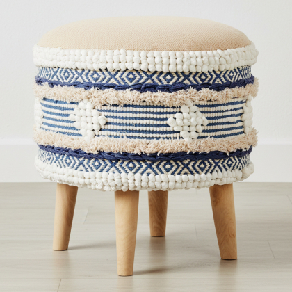 Buy Pouffe Stool in Boho Bali Style, Wood and Cotton - Zoe Bali Blue 60261 home delivery 