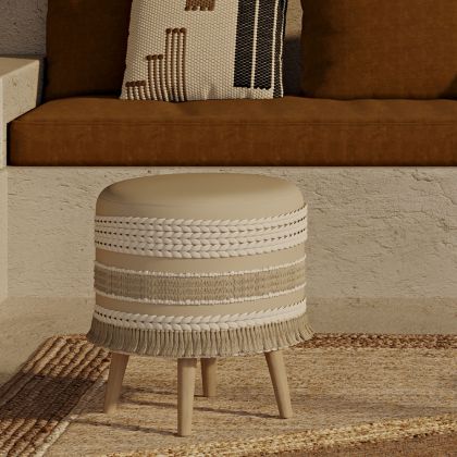 Buy Pouffe Stool in Boho Bali Style, Wood and Cotton - Isabella Bali Ivory 60262 with a guarantee 