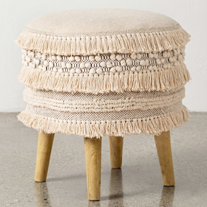 Buy Pouffe Stool in Boho Bali Style, Wood and Cotton - Janice Bali White 60264 - in the EU 