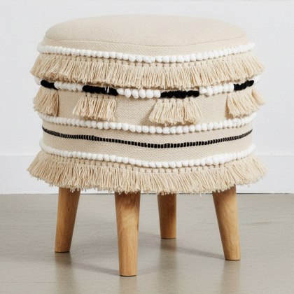 Buy Pouffe Stool in Boho Bali Style, Wood and Cotton - Jessie Bali Cream 60266 at MyFaktory 