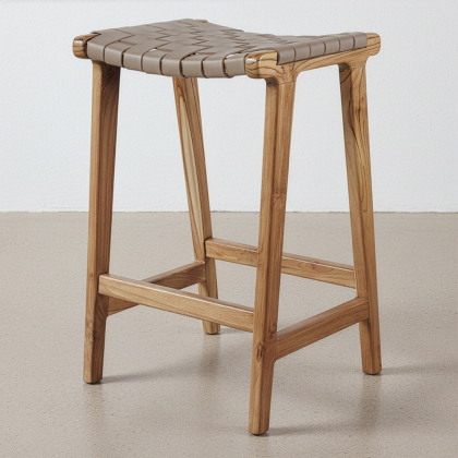Buy Bar Stool in Bali Boho Style, Leather and Teak Wood - Grau Brown 60472 in the Europe 
