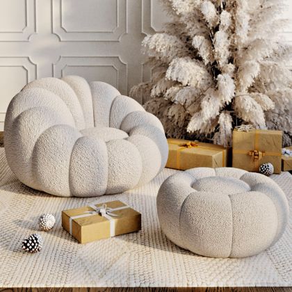 Buy Upholstered Armchair with Ottoman - White Boucle - Calera White 60542 in the Europe
