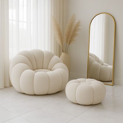 Buy Upholstered Armchair with Ottoman - White Boucle - Calera White 60542 in the Europe