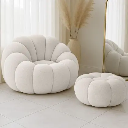 Buy Upholstered Armchair with Ottoman - White Boucle - Calera White 60542 with a guarantee