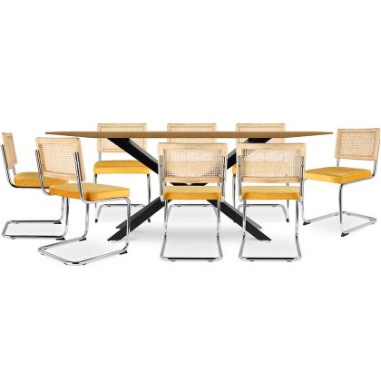Buy Pack Industrial Wooden Table (220cm) & 8 Rattan and Velvet Mesh Chairs - Wanda Mustard 60596 with a guarantee 