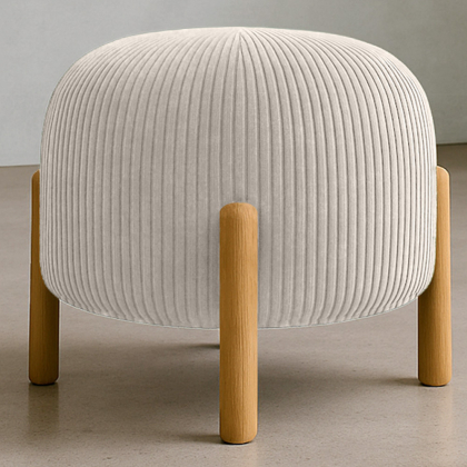 Buy Round Corduroy Upholstered Pouf with Natural Wood Legs - Merv Ivory 61450 with a guarantee 