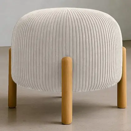 Buy Round Corduroy Upholstered Pouf with Natural Wood Legs - Merv Ivory 61450 at MyFaktory 