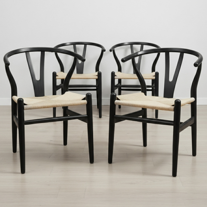 Buy Pack of 4 Dining Chairs Scandinavian Wooden with Rope Seat - Wish Black 61556 in the Europe 