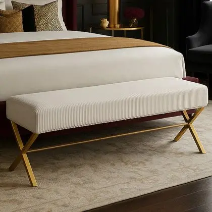 Buy Bench Upholstered In Velvet Fabric With Golden Metal Frame - Nivren White 61764 with a guarantee 