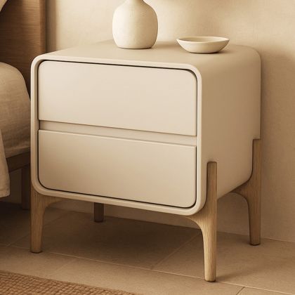 Buy Modern Scandi nightstand covered in faux leather with 2 drawers and natural wood legs - Barel Cream 61796 at MyFaktory 
