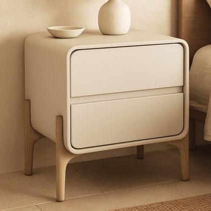 Buy Modern Scandi nightstand covered in faux leather with 2 drawers and natural wood legs - Barel Cream 61796 - in the EU 