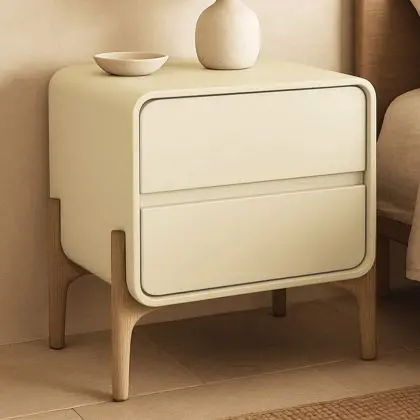 Buy Modern Scandi nightstand covered in faux leather with 2 drawers and natural wood legs - Barel Cream 61796 - prices 