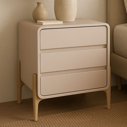 Buy Modern Scandi nightstand covered in faux leather with 3 drawers and natural wood legs - Barel Cream 61827 in the Europe 
