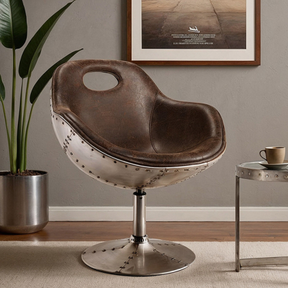 Buy Aviator Style Design Swivel Armchair - Upholstered in PU Brown 25622 home delivery 