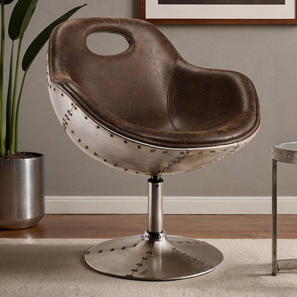 Buy Aviator Style Design Swivel Armchair - Upholstered in PU Brown 25622 home delivery 