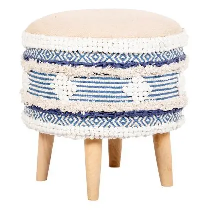 Buy Pouffe Stool in Boho Bali Style, Wood and Cotton - Zoe Bali Blue 60261 - prices