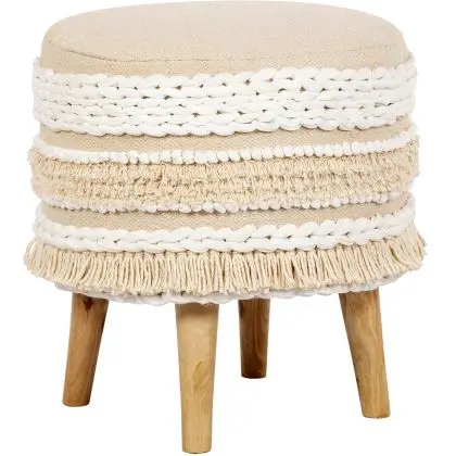 Buy Pouffe Stool in Boho Bali Style, Wood and Cotton - Isabella Bali Ivory 60262 at MyFaktory