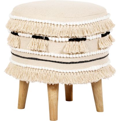 Buy Pouffe Stool in Boho Bali Style, Wood and Cotton - Jessie Bali Cream 60266 with a guarantee