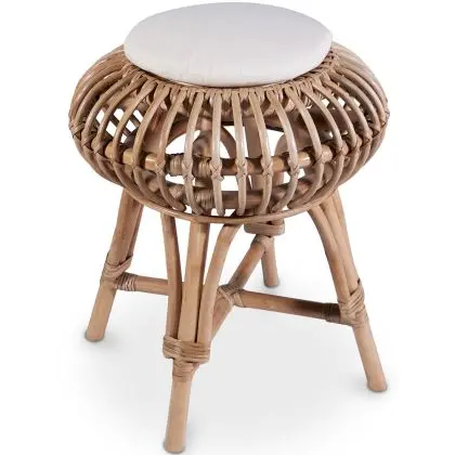 Buy Low Round Stool in Boho Bali Design, Rattan and Canvas - Yuva White 60284 - in the EU