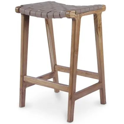Buy Bar Stool in Bali Boho Style, Leather and Teak Wood - Grau Brown 60472 home delivery