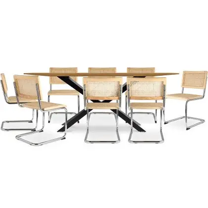 Buy Pack Industrial Wooden Table (220cm) & 8 Rattan Mesh Chairs - Lia Natural 60562 in the Europe