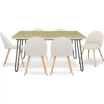 Buy Pack Hairpin Dining Table 150x90 & 6 Bouclé Upholstered Chairs - Bennett White 60565 home delivery