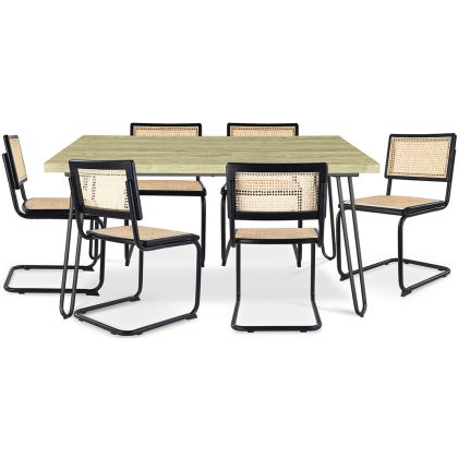 Buy Pack Hairpin Dining Table 150x90 & 6 Black Rattan Mesh Chairs - Canvas Black 60578 with a guarantee