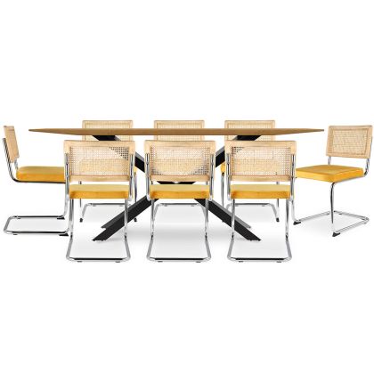Buy Pack Industrial Wooden Table (220cm) & 8 Rattan and Velvet Mesh Chairs - Wanda Mustard 60596 with a guarantee