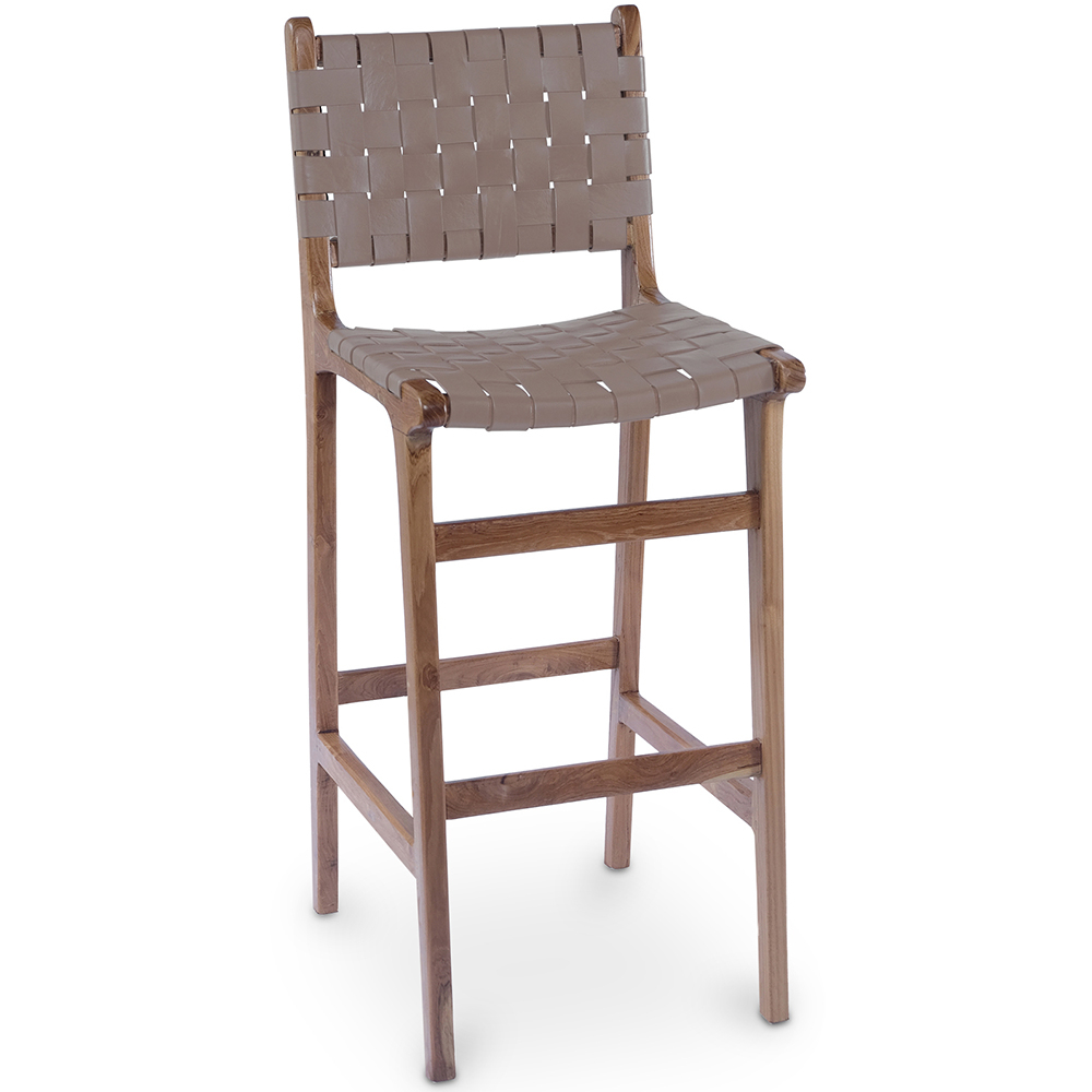  Buy Bar stool with backrest, Bali Boho Style, Leather and Teak Wood - Grau Brown 60471 - in the EU