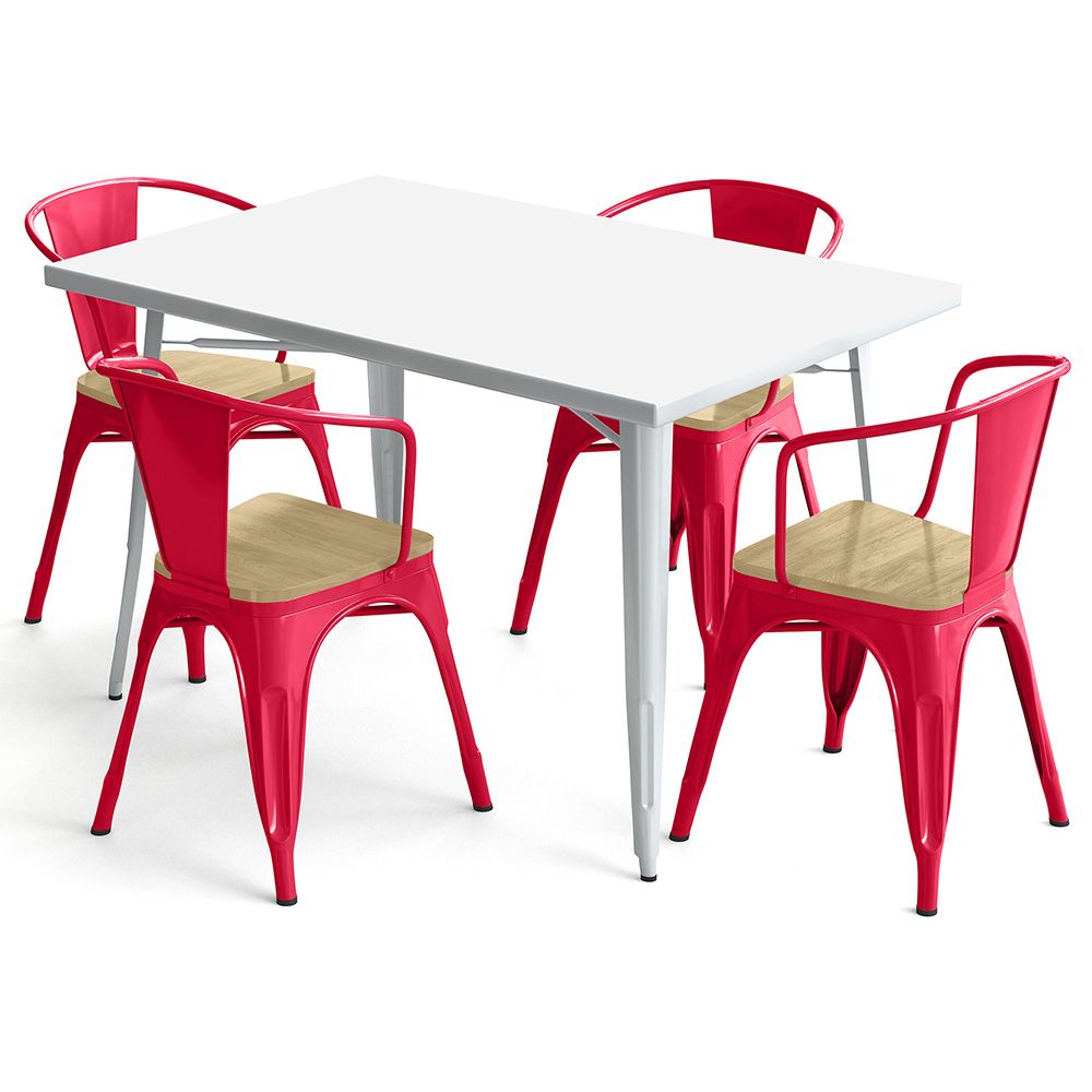  Buy Dining Table + X4 Dining Chairs with Armrest Set - Bistrot - Industrial Design Metal and Light Wood - New Edition Red 60442 - in the EU