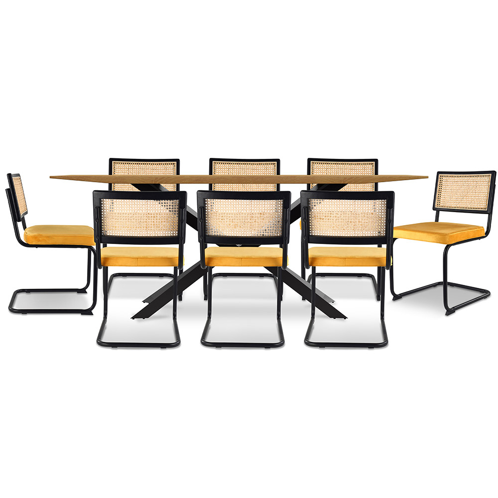  Buy Pack Industrial Wooden Table (220cm) & 8 Rattan and Velvet Mesh Chairs - Nema Mustard 60554 - in the EU