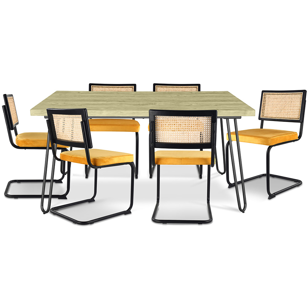 Buy Pack Hairpin Dining Table 150x90 & 6 Black Mesh Rattan and Velvet Chairs - Nema Mustard 60559 - in the EU