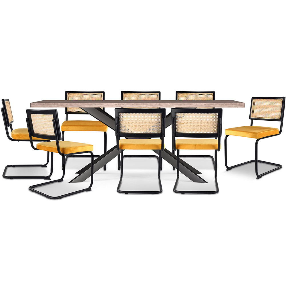  Buy Pack Industrial Wooden Table (200cm) & 8 Rattan and Velvet Mesh Chairs - Nema Mustard 60572 - in the EU