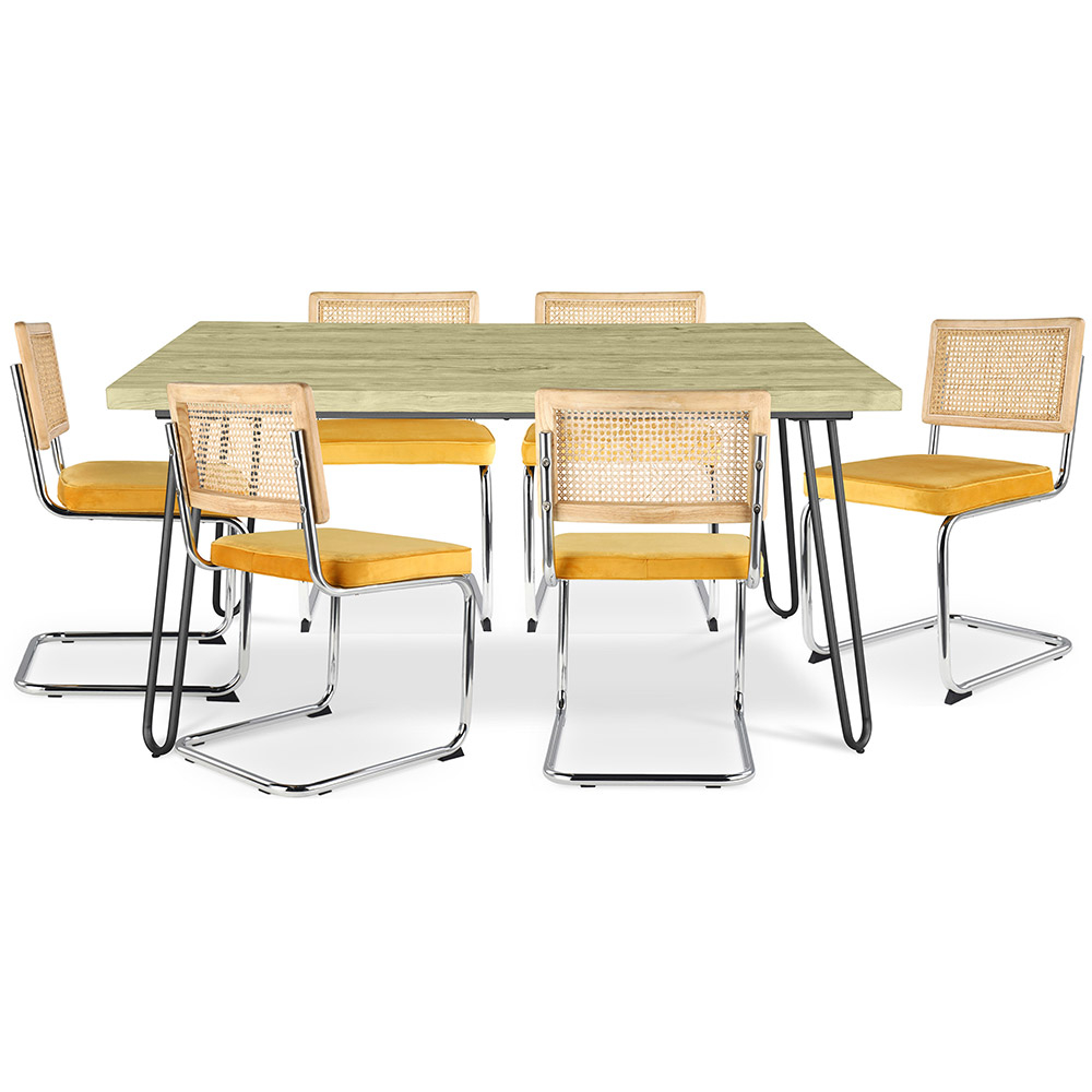  Buy Pack Hairpin Dining Table 150x90 & 6 Black Mesh Rattan and Velvet Chairs - Wanda Mustard 60581 - in the EU