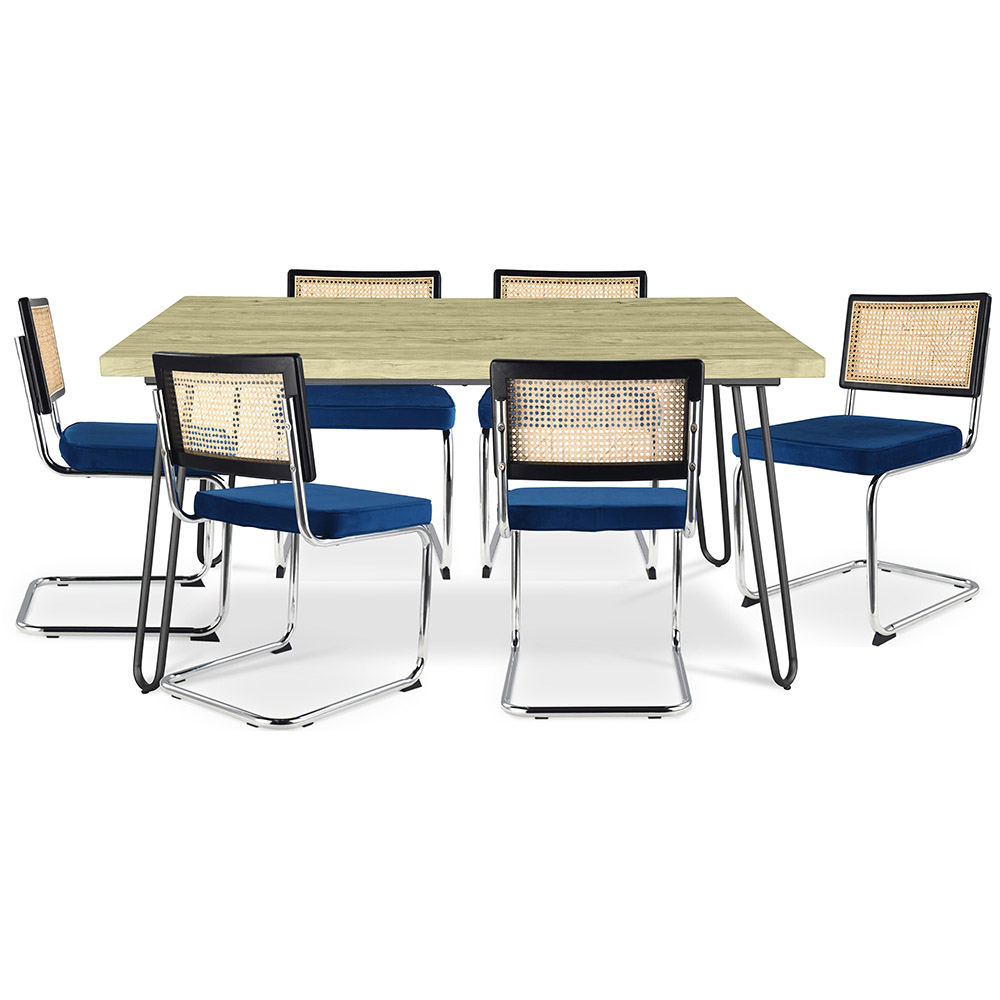  Buy Pack Hairpin Dining Table 150x90 & 6 Black Mesh Rattan and Velvet Chairs - Jenka Dark blue 60582 - in the EU