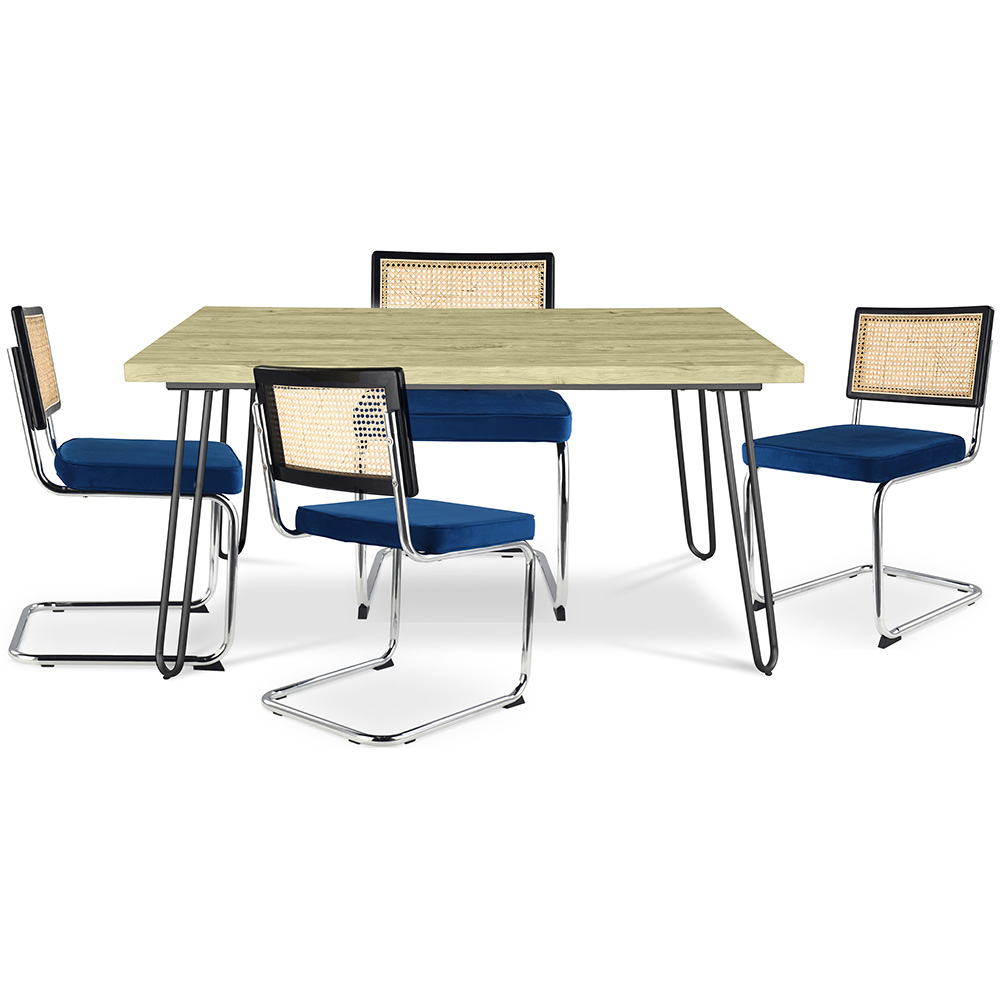  Buy Pack Hairpin Dining Table 120x90 & 4 Black Mesh Rattan and Velvet Chairs - Jenka Dark blue 60588 - in the EU
