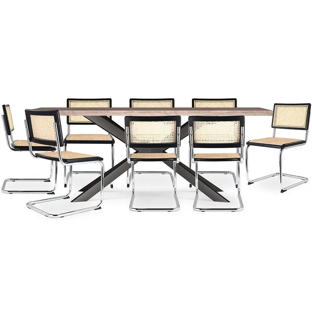  Buy Pack Industrial Wooden Table (200cm) & 8 Rattan Mesh Chairs - Lia Black 60589 - in the EU
