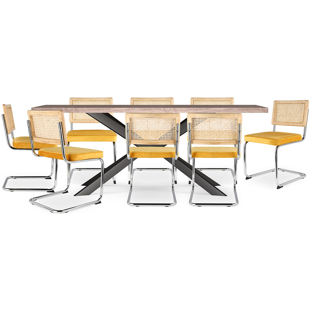  Buy Pack Industrial Wooden Table (200cm) & 8 Rattan and Velvet Mesh Chairs - Wanda Mustard 60593 - in the EU