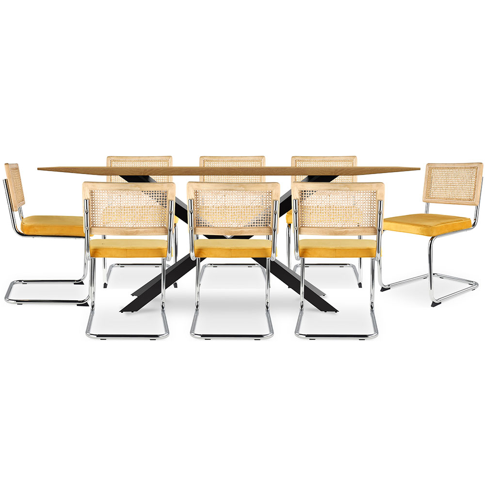  Buy Pack Industrial Wooden Table (220cm) & 8 Rattan and Velvet Mesh Chairs - Wanda Mustard 60596 - in the EU
