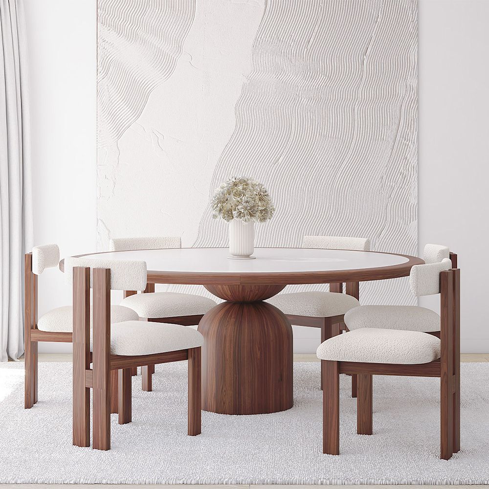  Buy Set Dining Table Round with 6 Wooden Chairs - Minimalist Design - Poler Walnut 61551 - in the EU