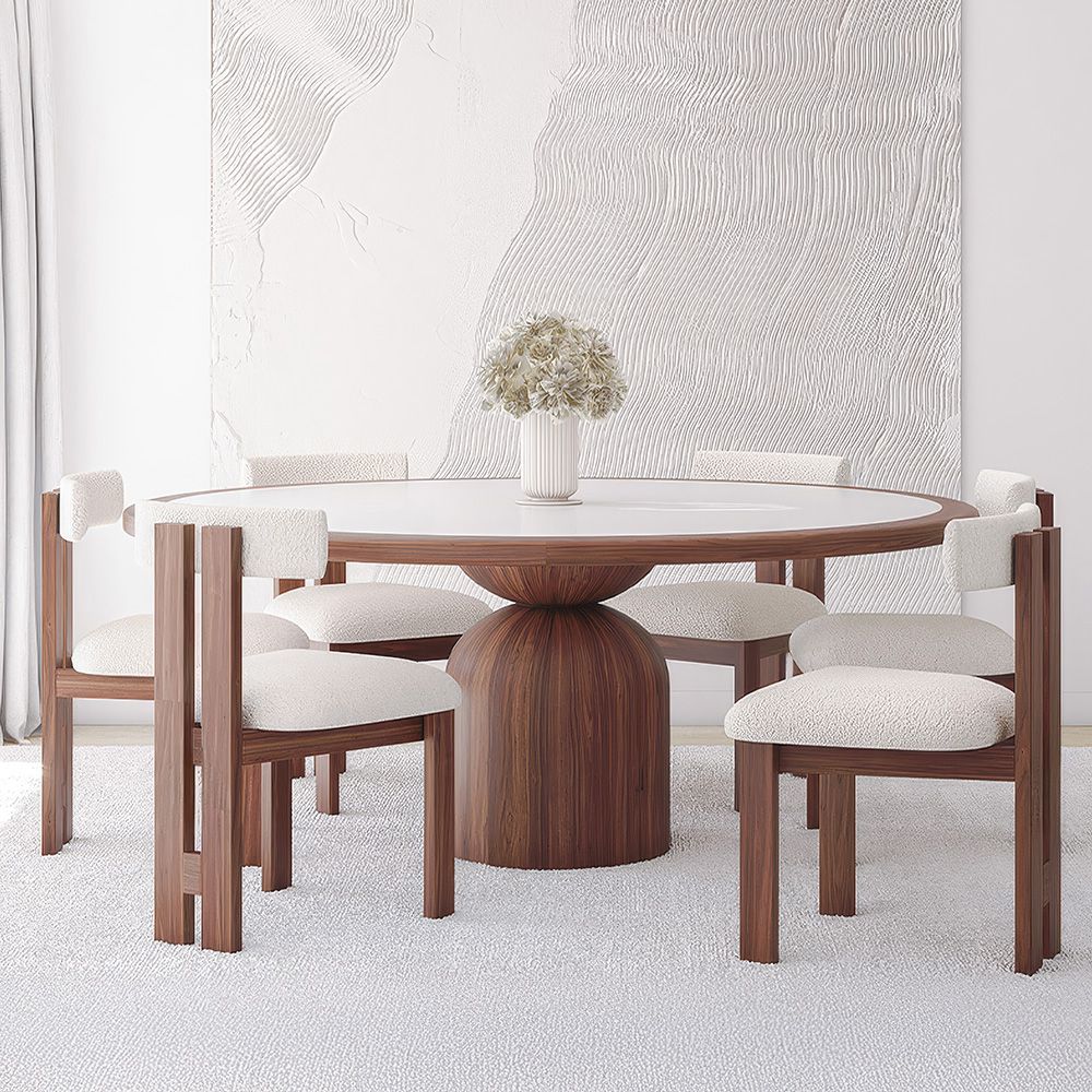  Buy Set Dining Table Round with 6 Wooden Chairs - Minimalist Design - Poler Walnut 61551 - in the EU