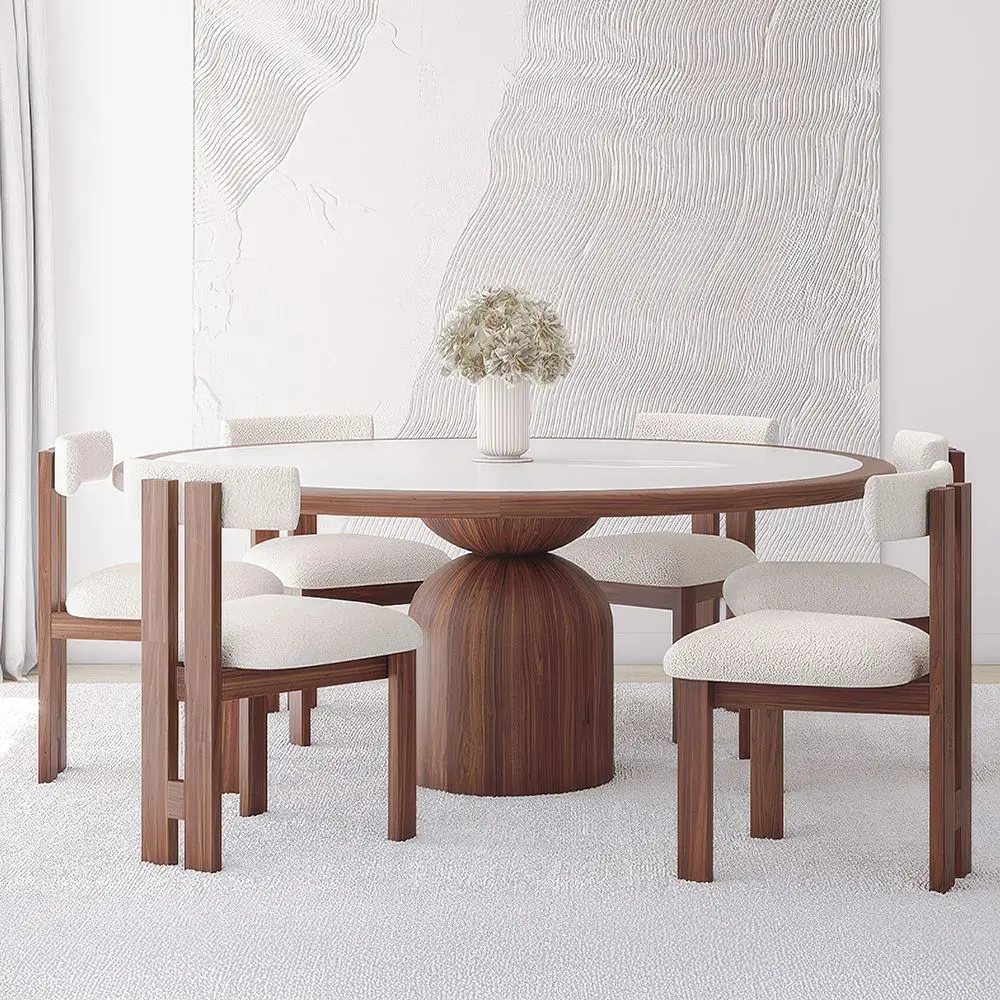  Buy Set Dining Table Round with 6 Wooden Chairs - Minimalist Design - Poler Walnut 61551 - in the EU
