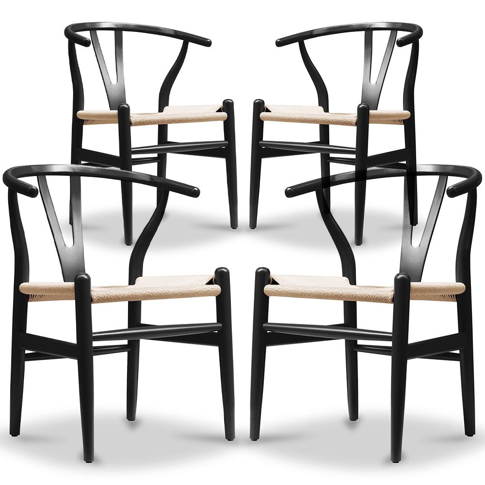  Buy Pack of 4 Dining Chairs Scandinavian Wooden with Rope Seat - Wish Black 61556 - in the EU