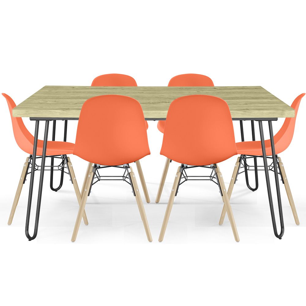  Buy Set Table Hairpin (90x150 cm) + 6 Dining Chairs Nordic Lumi Orange 61752 - in the EU
