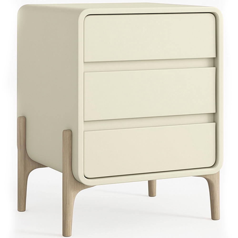  Buy Modern Scandi nightstand covered in faux leather with 3 drawers and natural wood legs - Barel Cream 61827 - in the EU