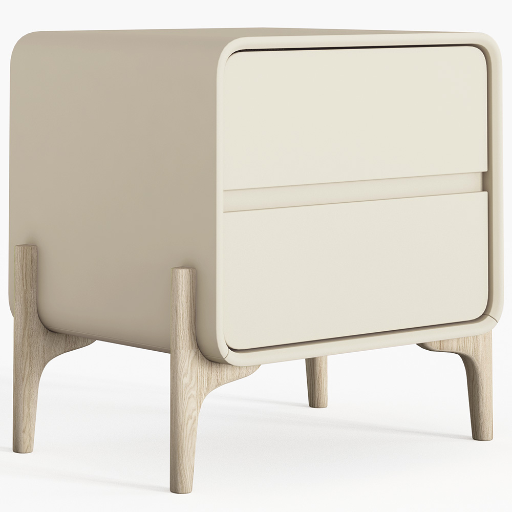  Buy Modern Scandi nightstand covered in faux leather with 2 drawers and natural wood legs - Barel Taupe 61796 - in the EU